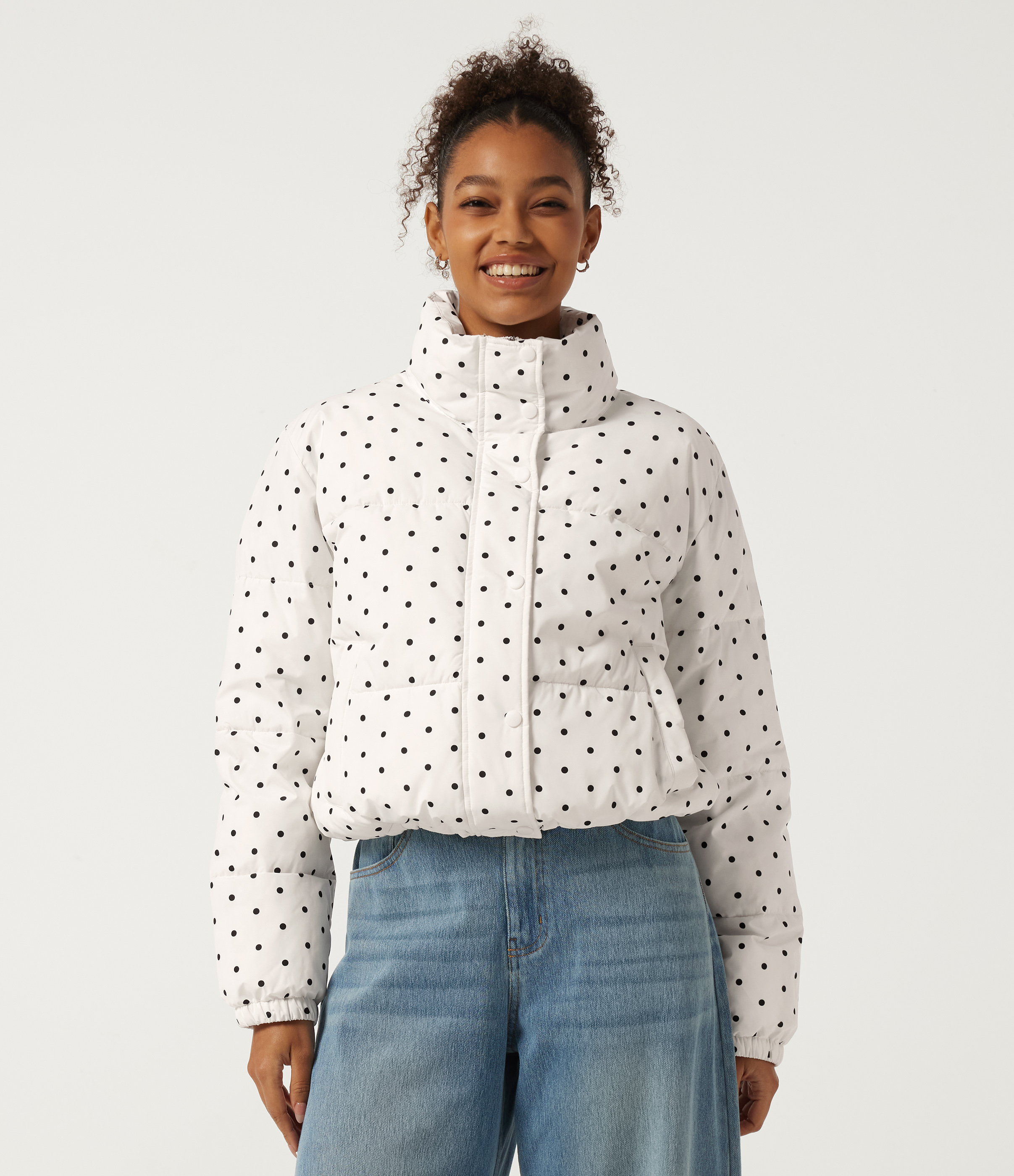 Stand Collar Polka Dot Long Sleeve Casual Puffer Jacket with Pockets