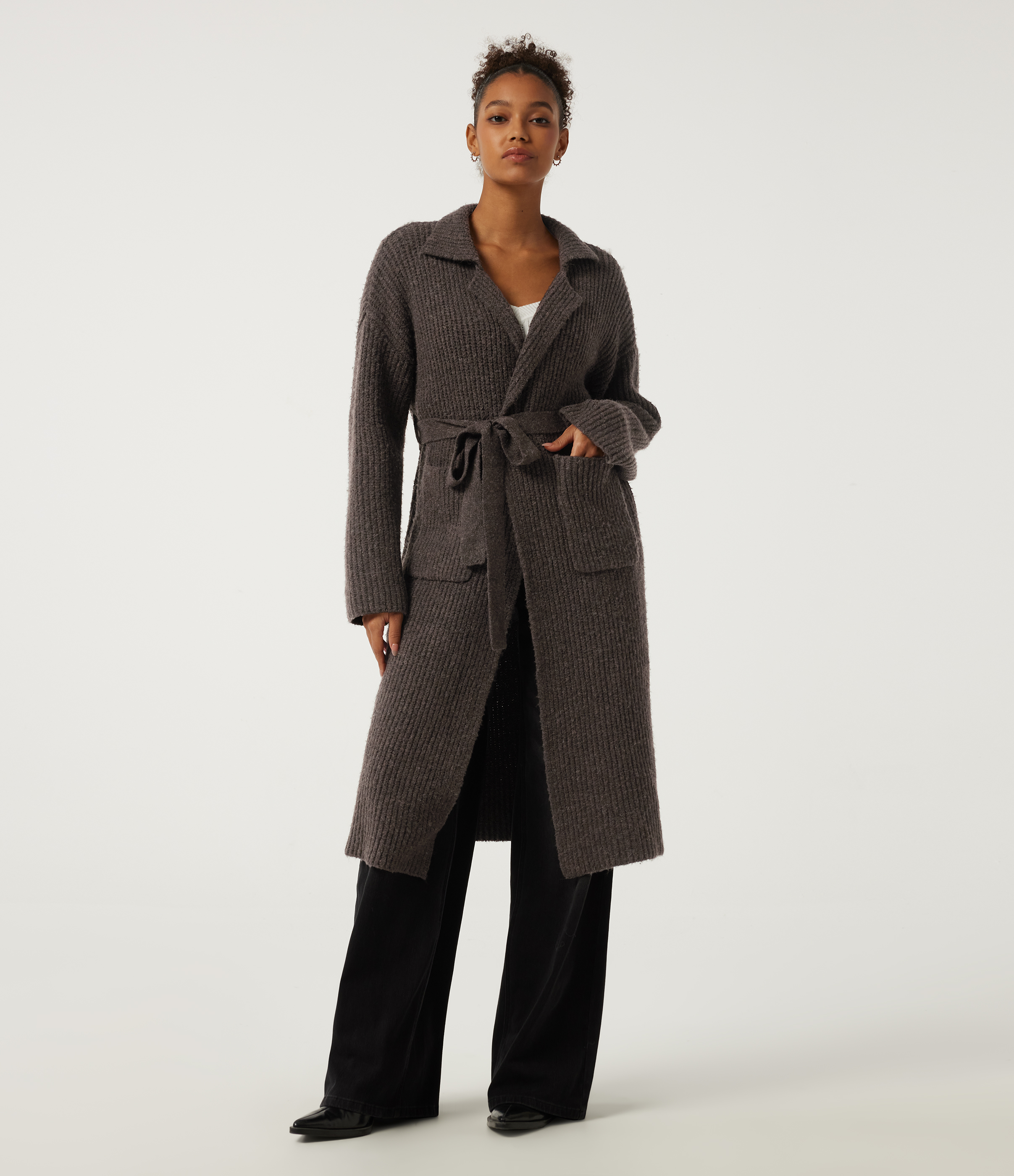 Lapel Collar Long Sleeve Adjustable Waist Lace Up Work Sweater with Pockets