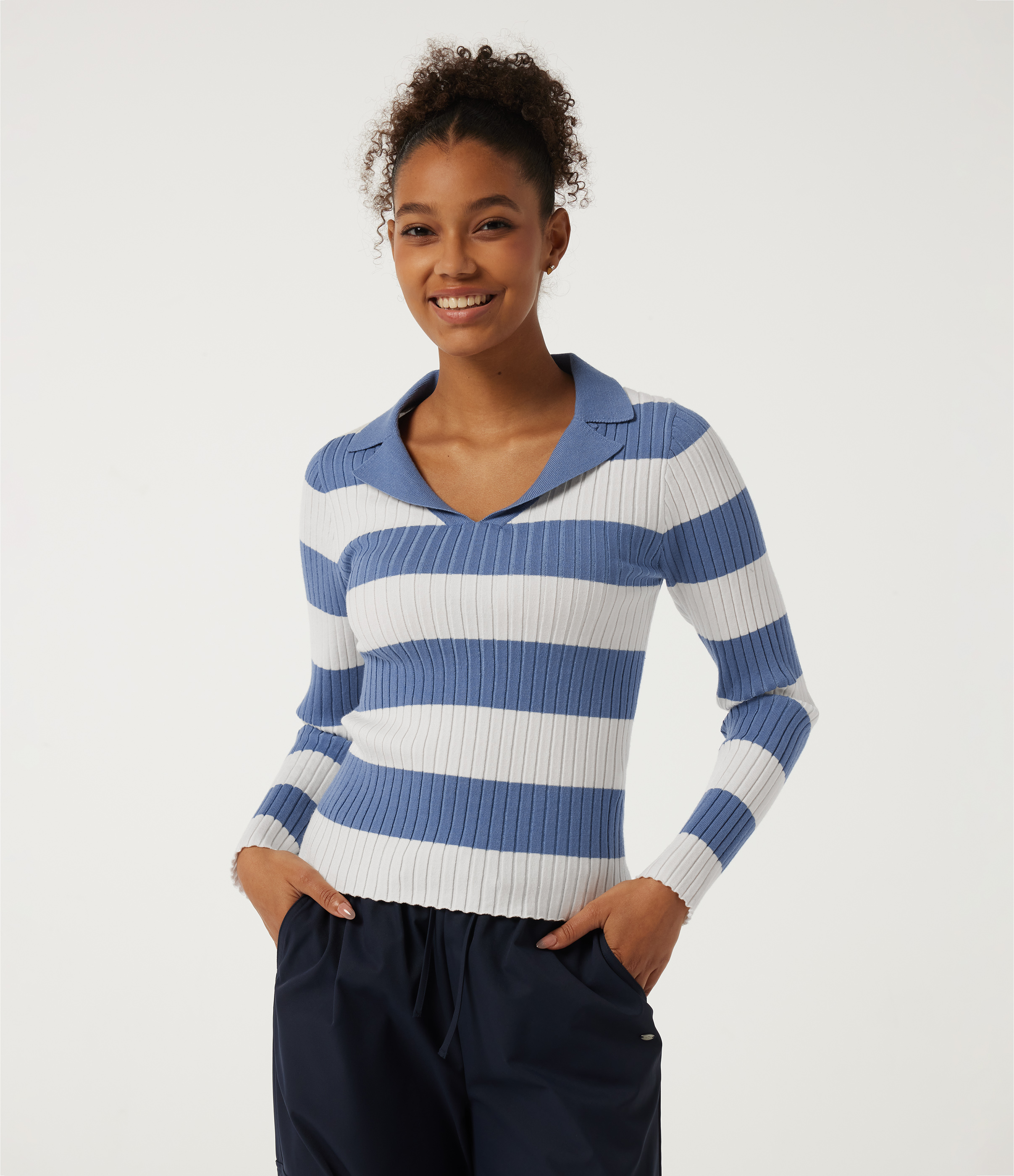 Lapel Collar Stripe Long Sleeve Casual Sweater
