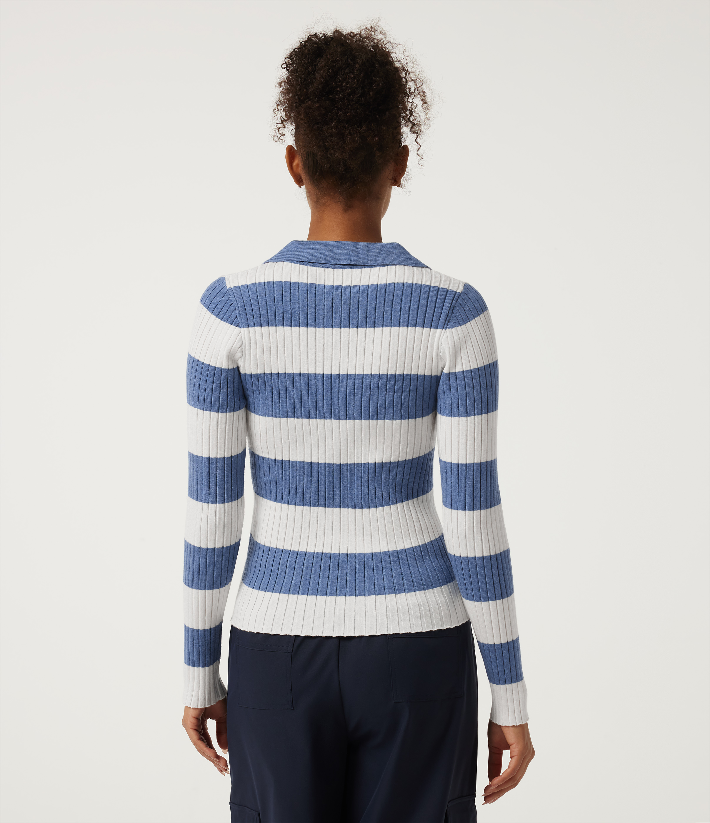 Marine Cove Rib Stripe Lapel Collar Stripe Long Sleeve Casual Sweater / 2