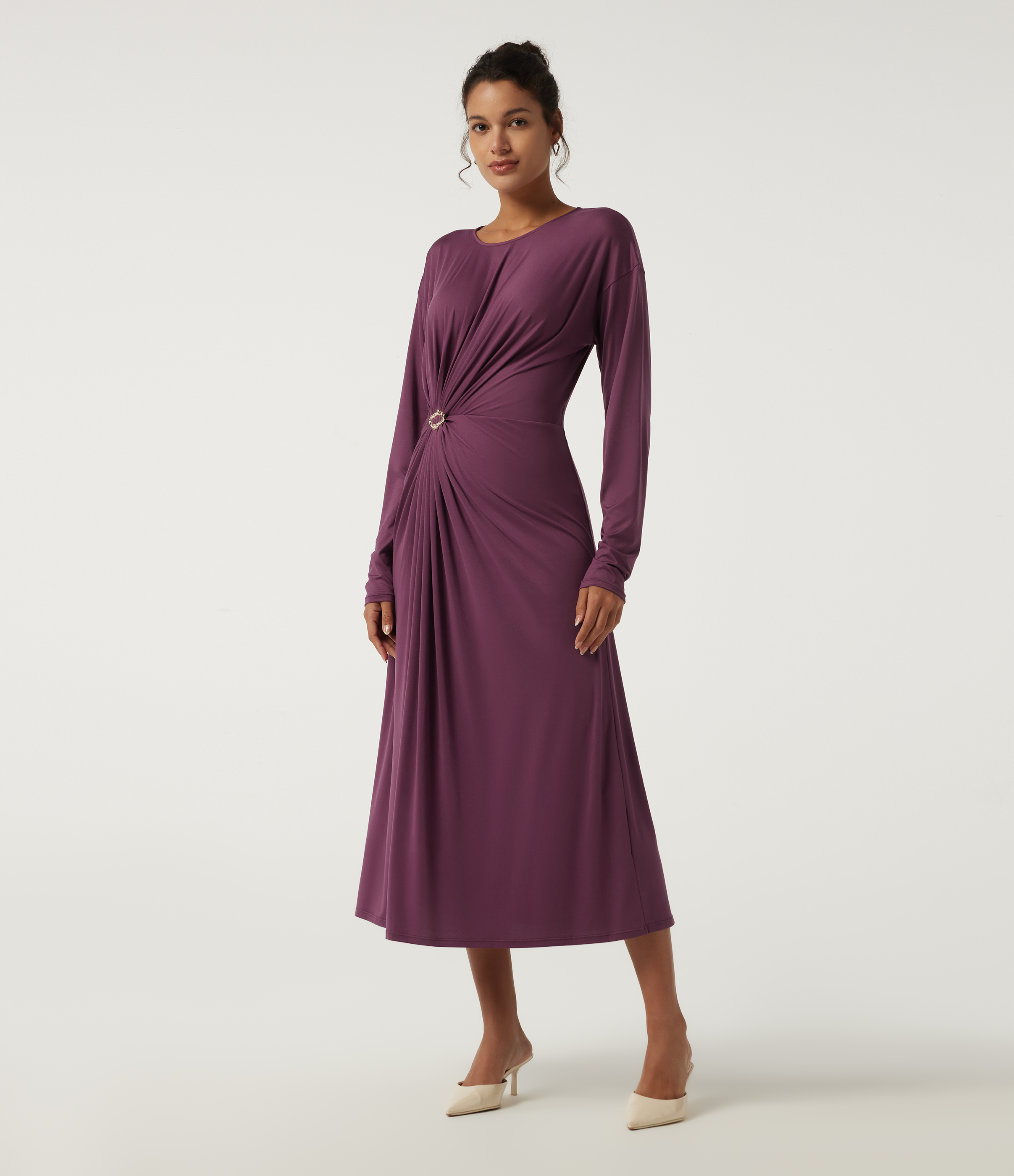 Round Neck Long Sleeve Ruched Stacked Buckle Midi Casual Dress