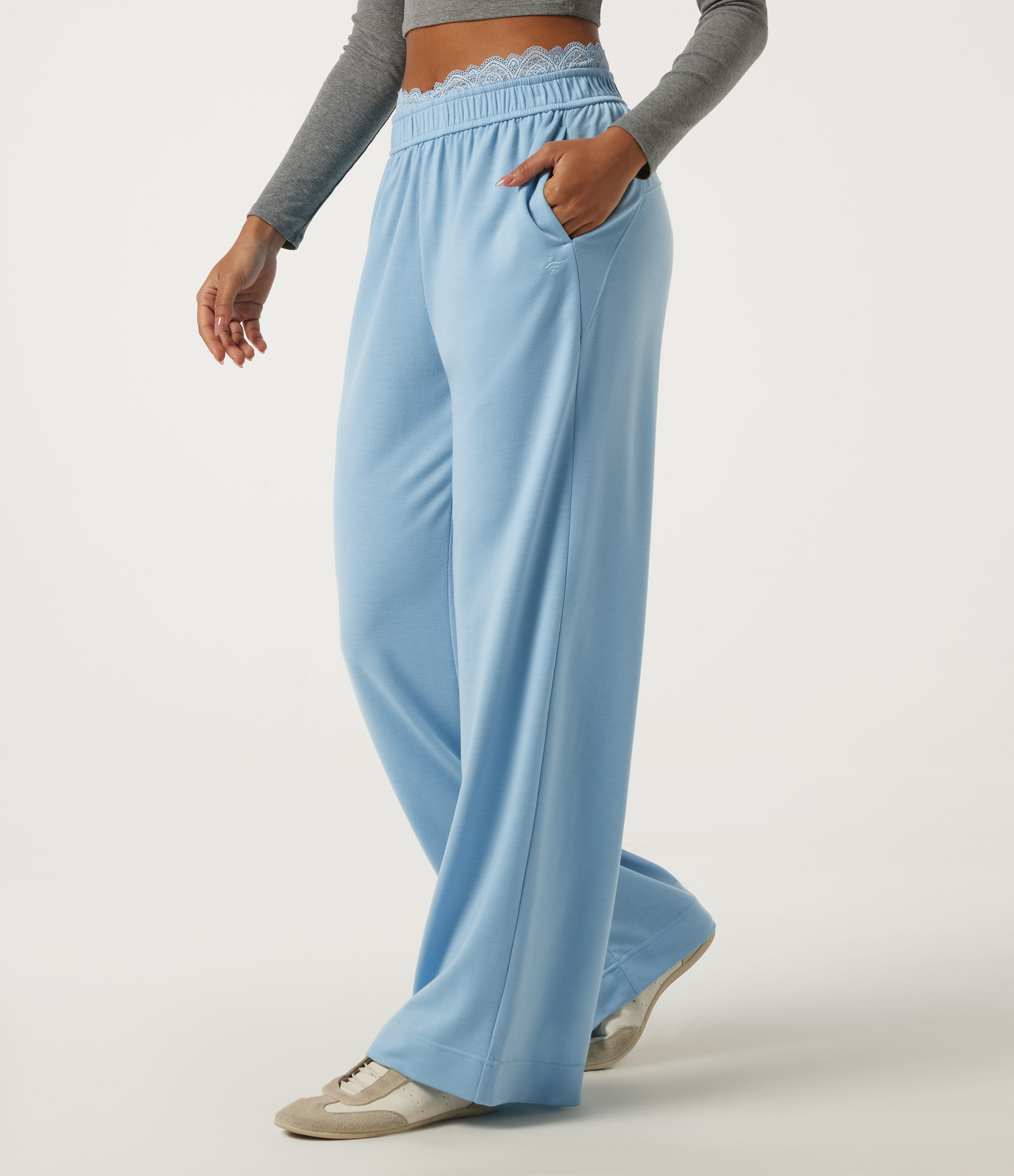 Mid Rise Straight Leg Contrast Lace Casual Sweatpants with Pockets