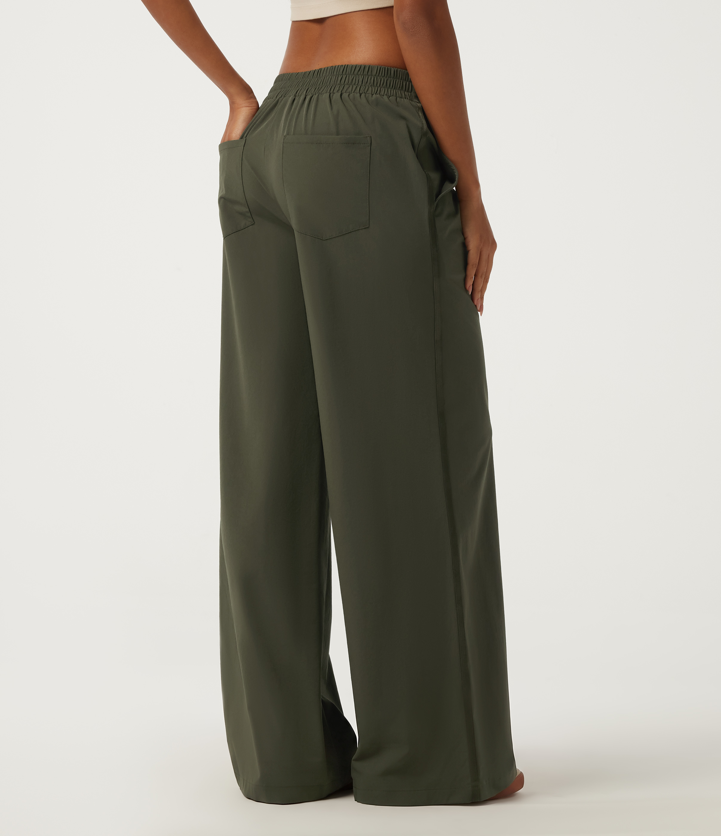 Twilight Green Low Rise Wide Leg Side Stripe Casual Pants with Pockets / 2