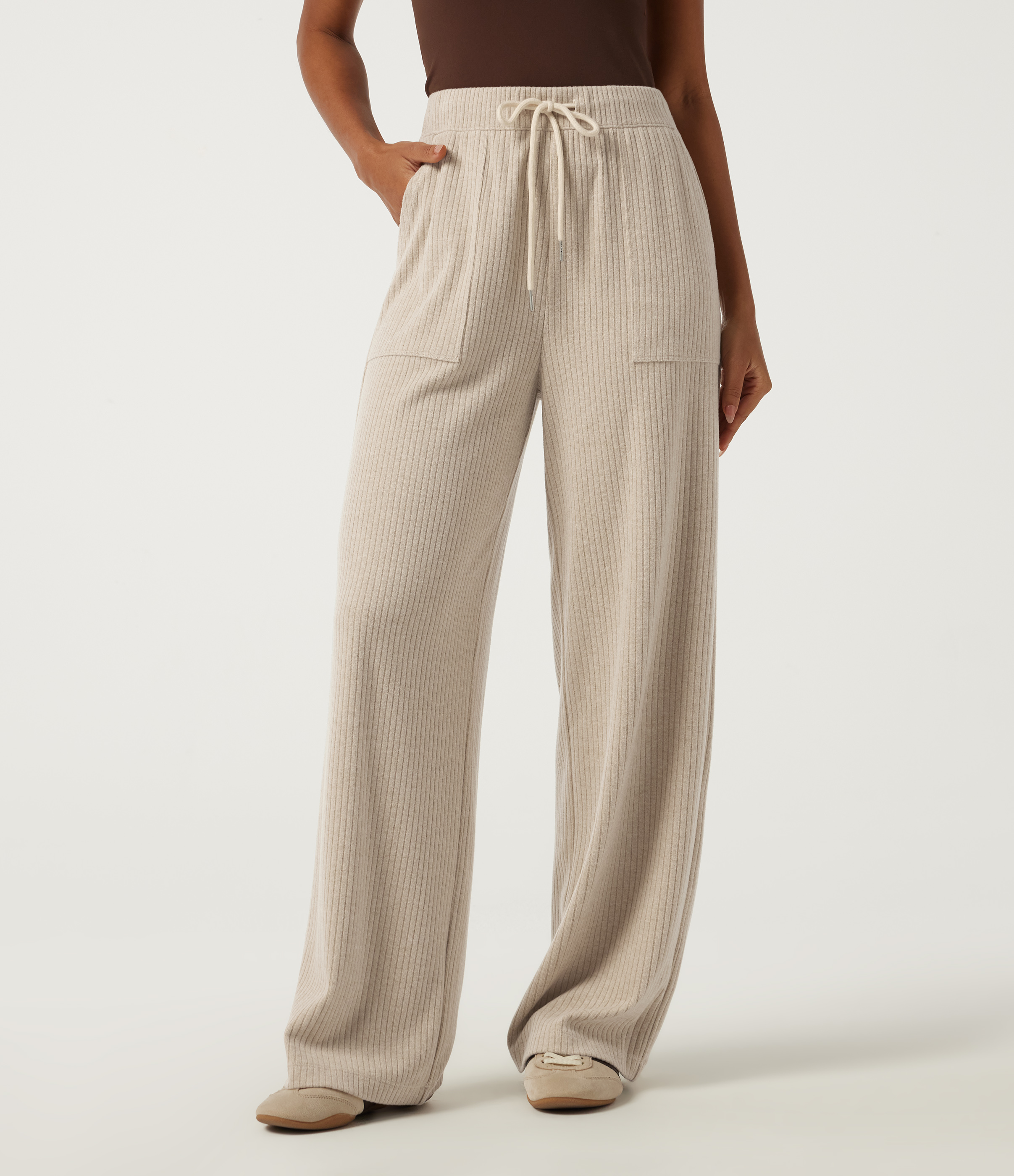 Ribbed Knit High Waisted Drawstring Straight Leg Casual Pants with Pockets