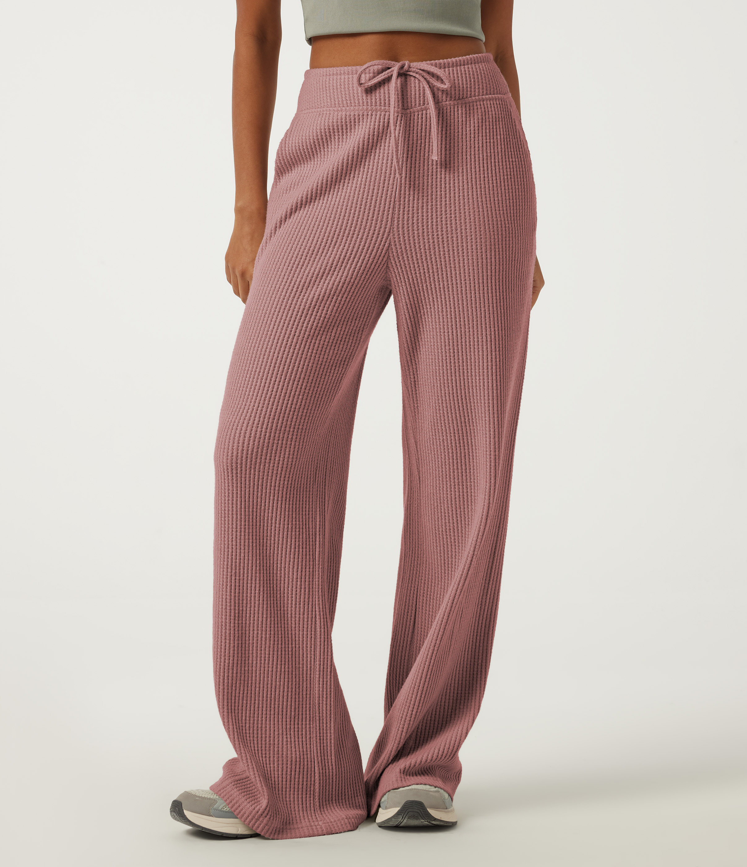 High Waisted Drawstring Flare Waffle Casual Pants with Pockets