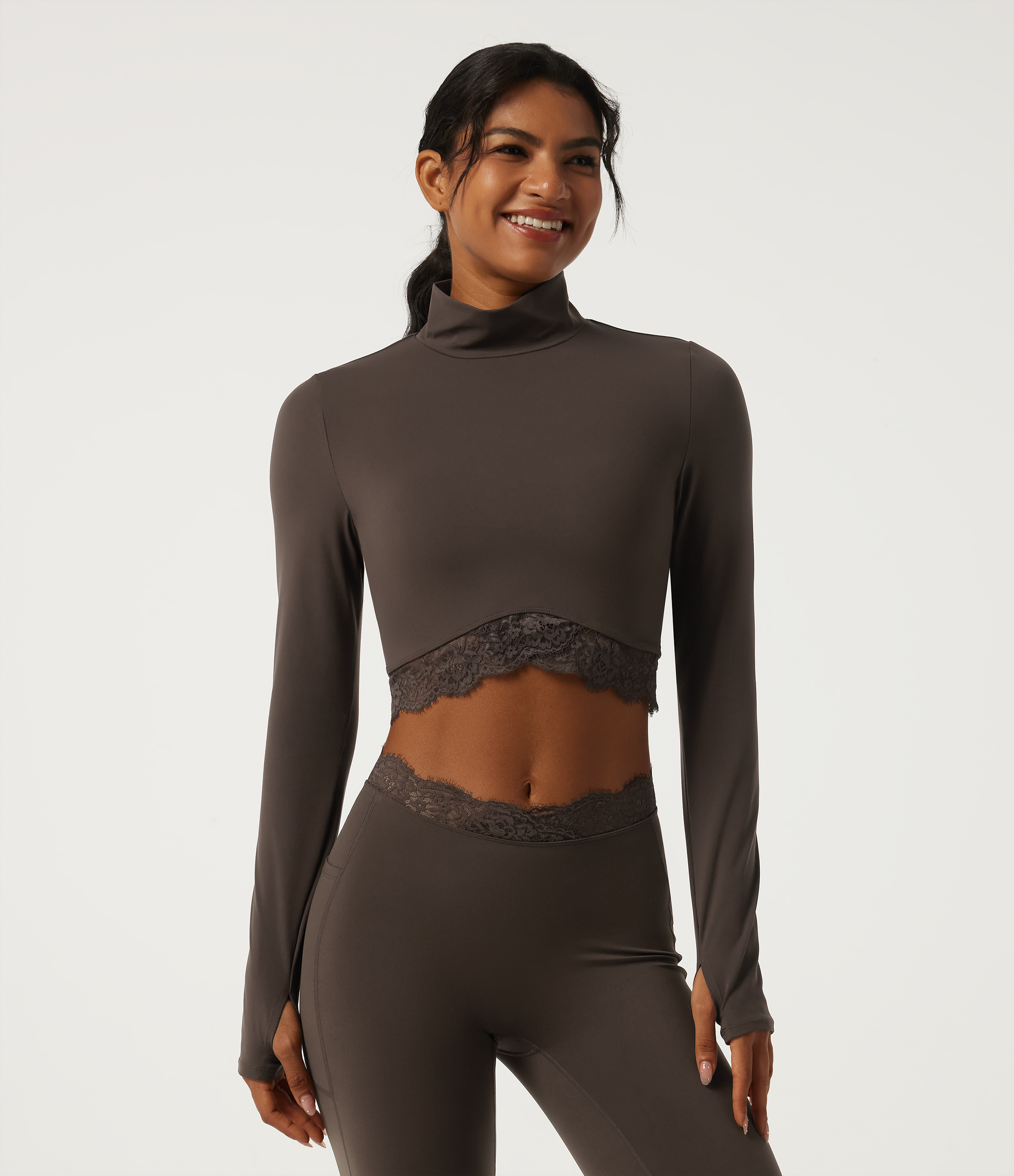 Halara UltraSculpt™ High Neck Long Sleeve Contrast Lace Yoga Sports Top with Thumbholes
