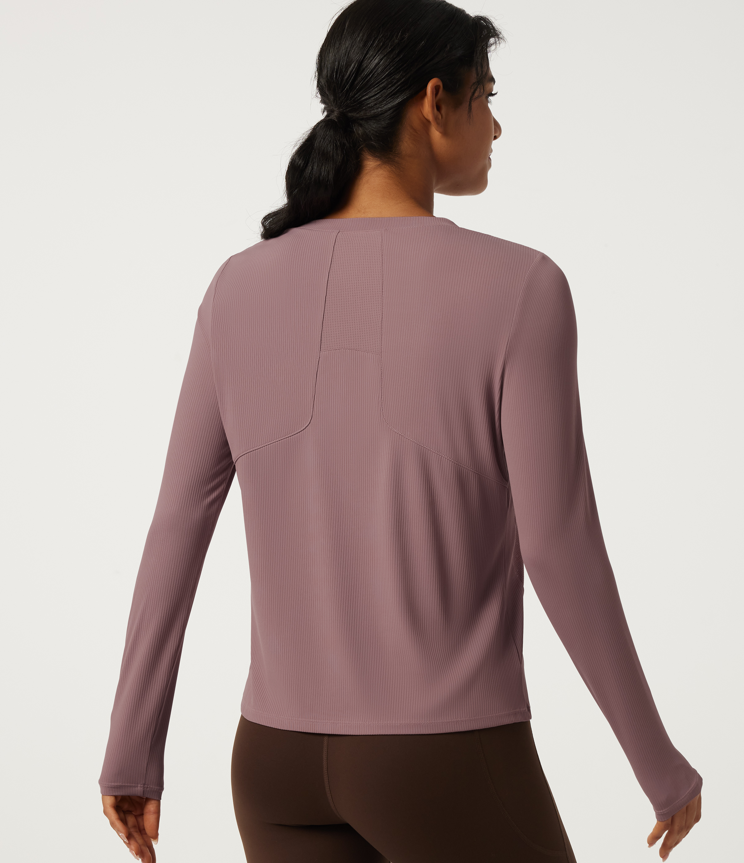 Ribbed Knit Round Neck Long Sleeve Running Sports Top