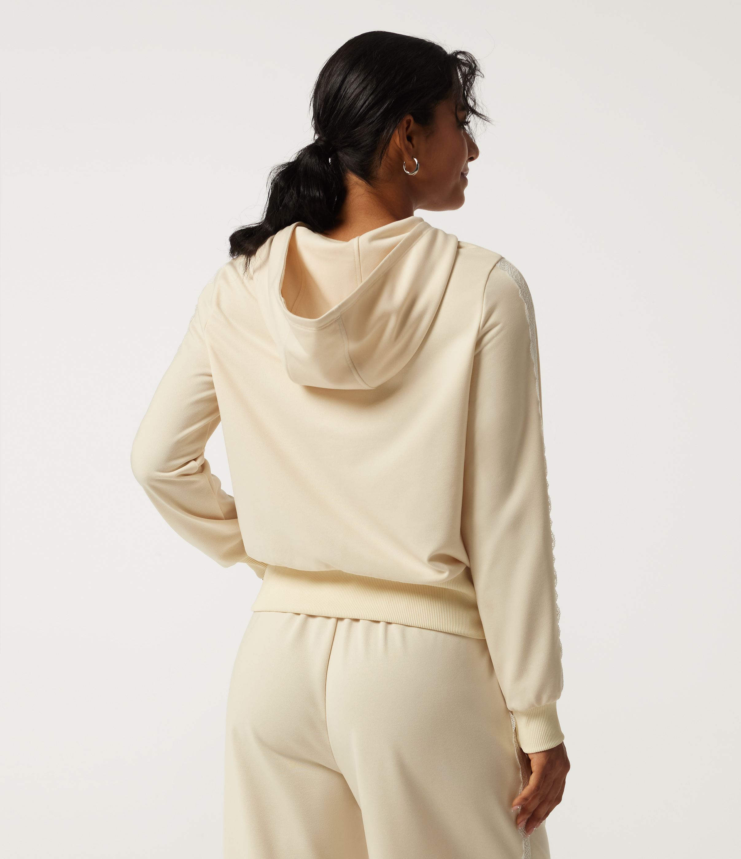 Antique White Hooded Long Sleeve Contrast Lace Casual Sweatshirt with Pockets / 2