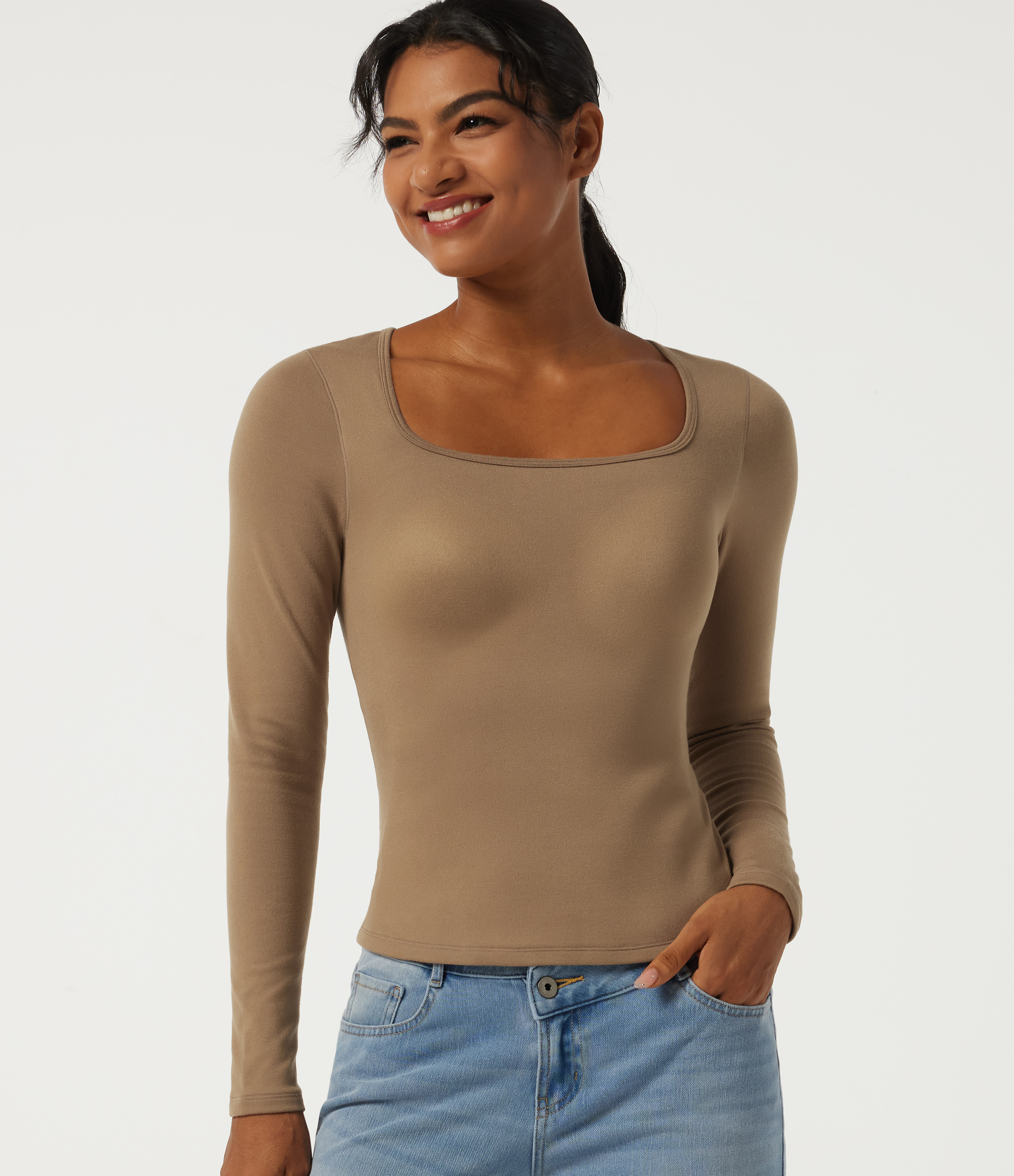 Square Neck Long Sleeve Casual Top with Built-in Bra for B-DD Cups