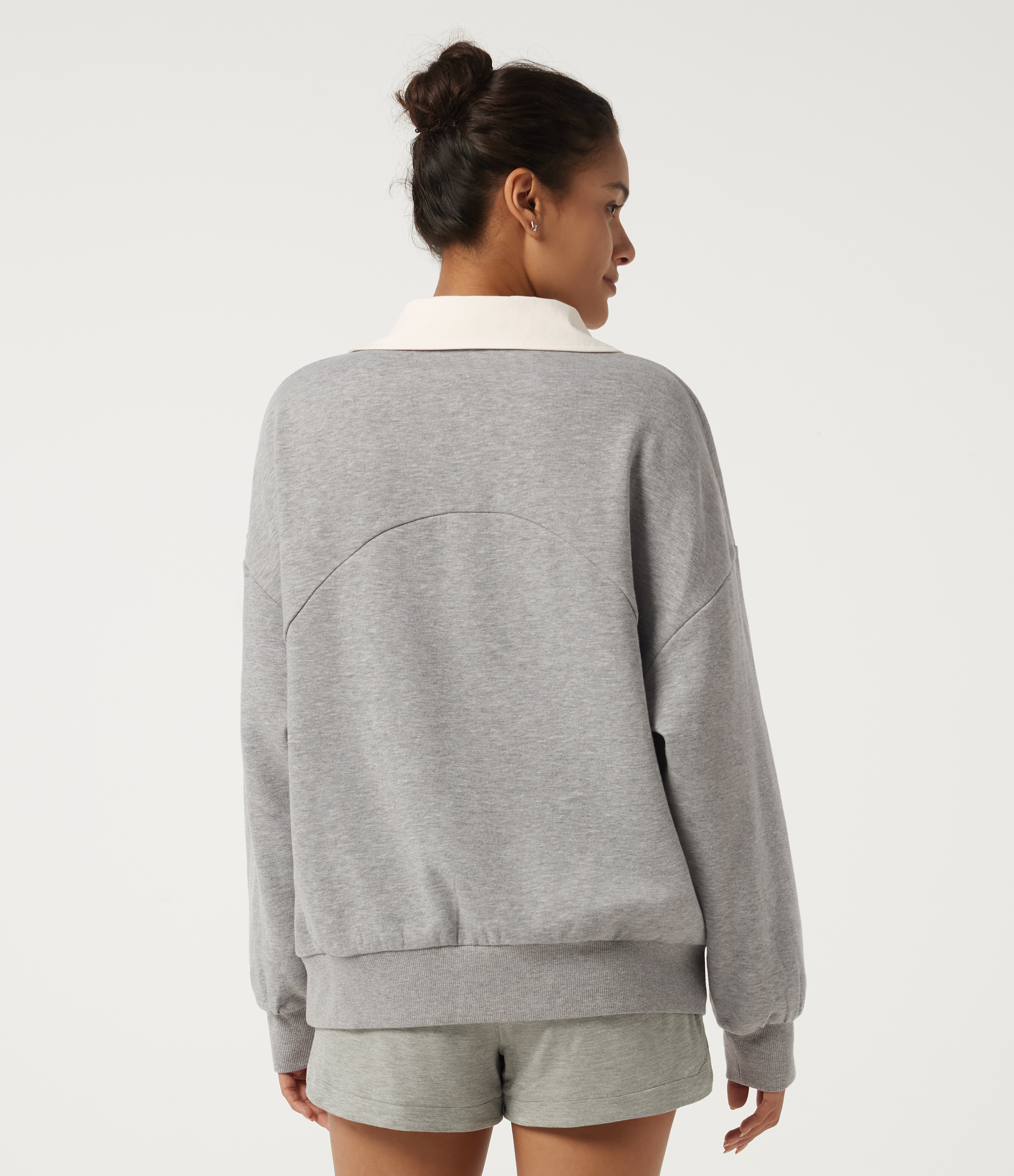 Fog Gray Shirt Collar Drop Shoulder Long Sleeve Casual Sweatshirt / 2