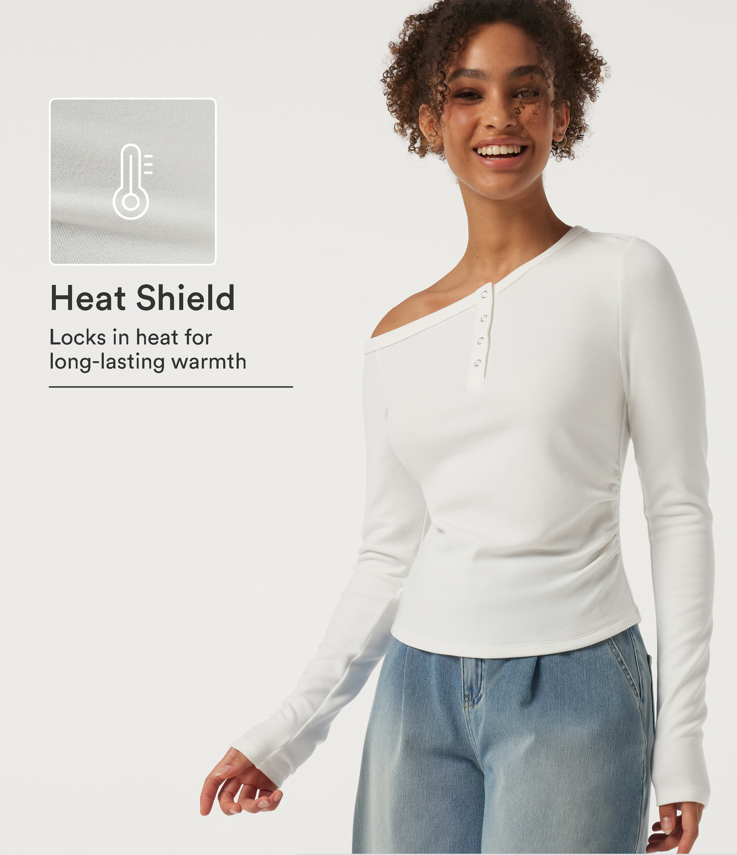 White One Shoulder Long Sleeve Asymmetric Ruched Thermal Casual Top / 1