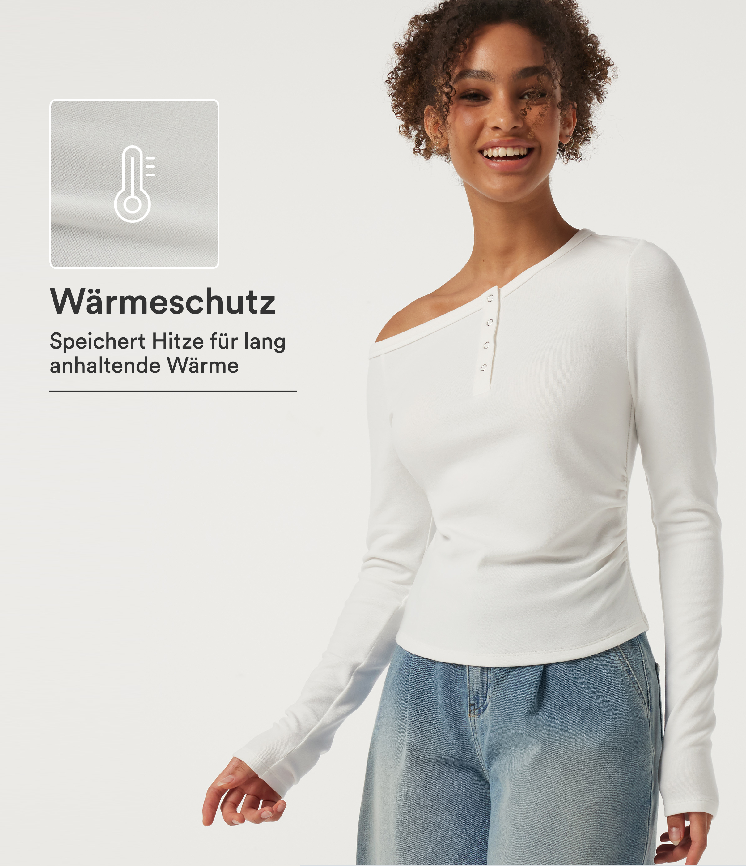 Lässiges, gerafftes Thermo-Top mit langen Ärmeln und asymmetrischem One-Shoulder-Design