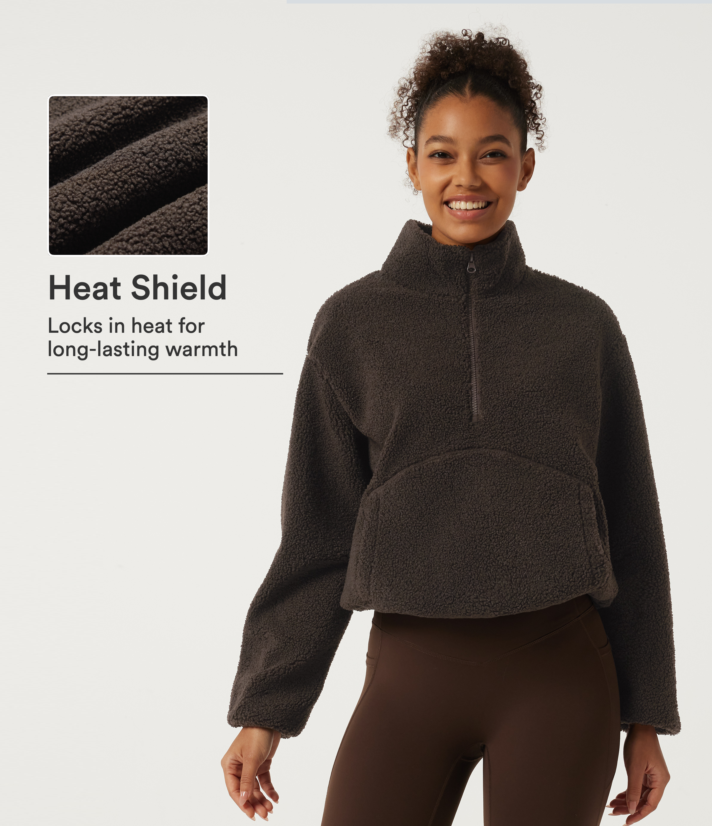 Mock Neck Long Sleeve Gathered Hem Fleece Casual Sweatshirt with Pockets