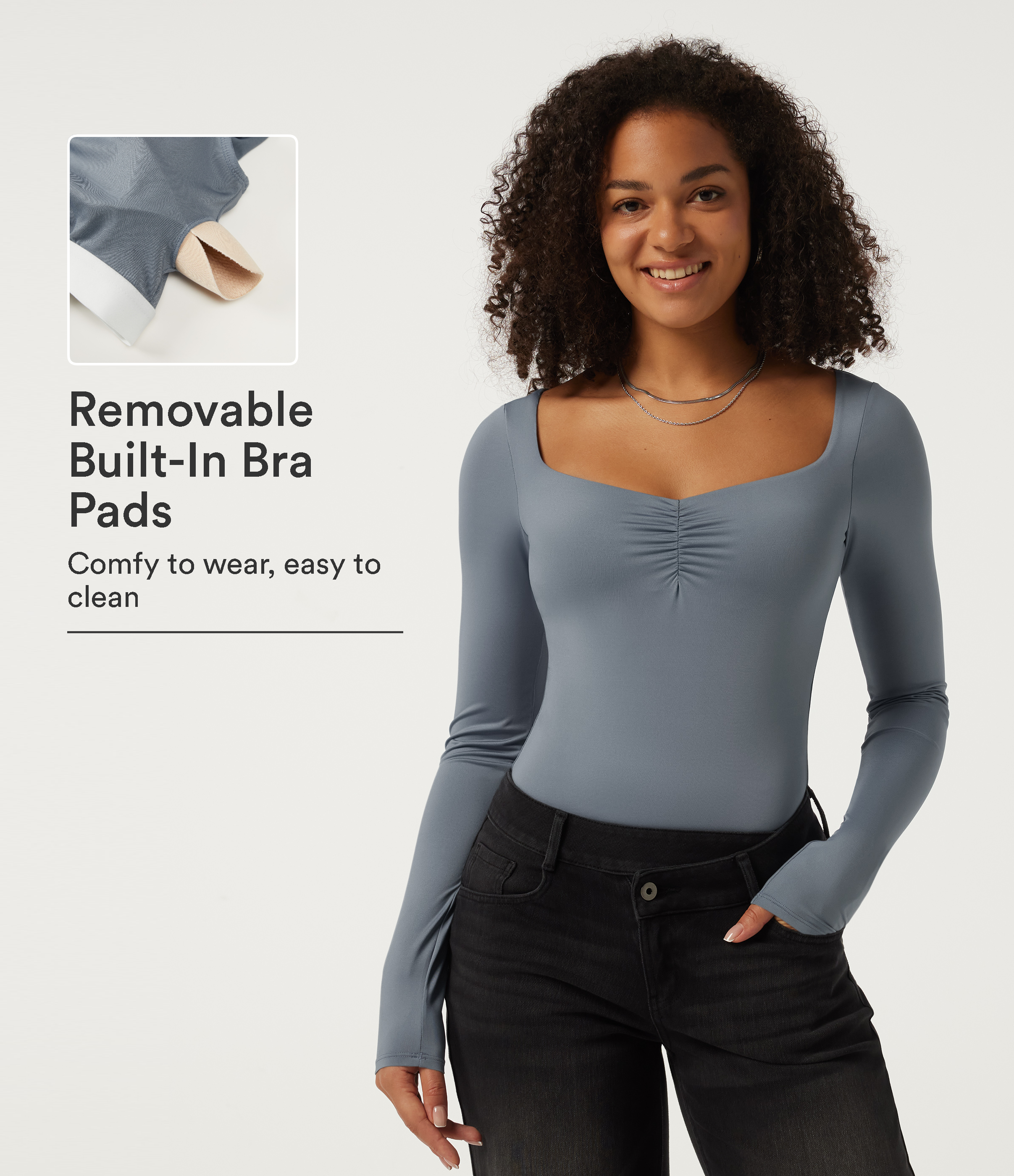 Diamond Collar Long Sleeve Built-in Bra Ruched Casual Bodysuit