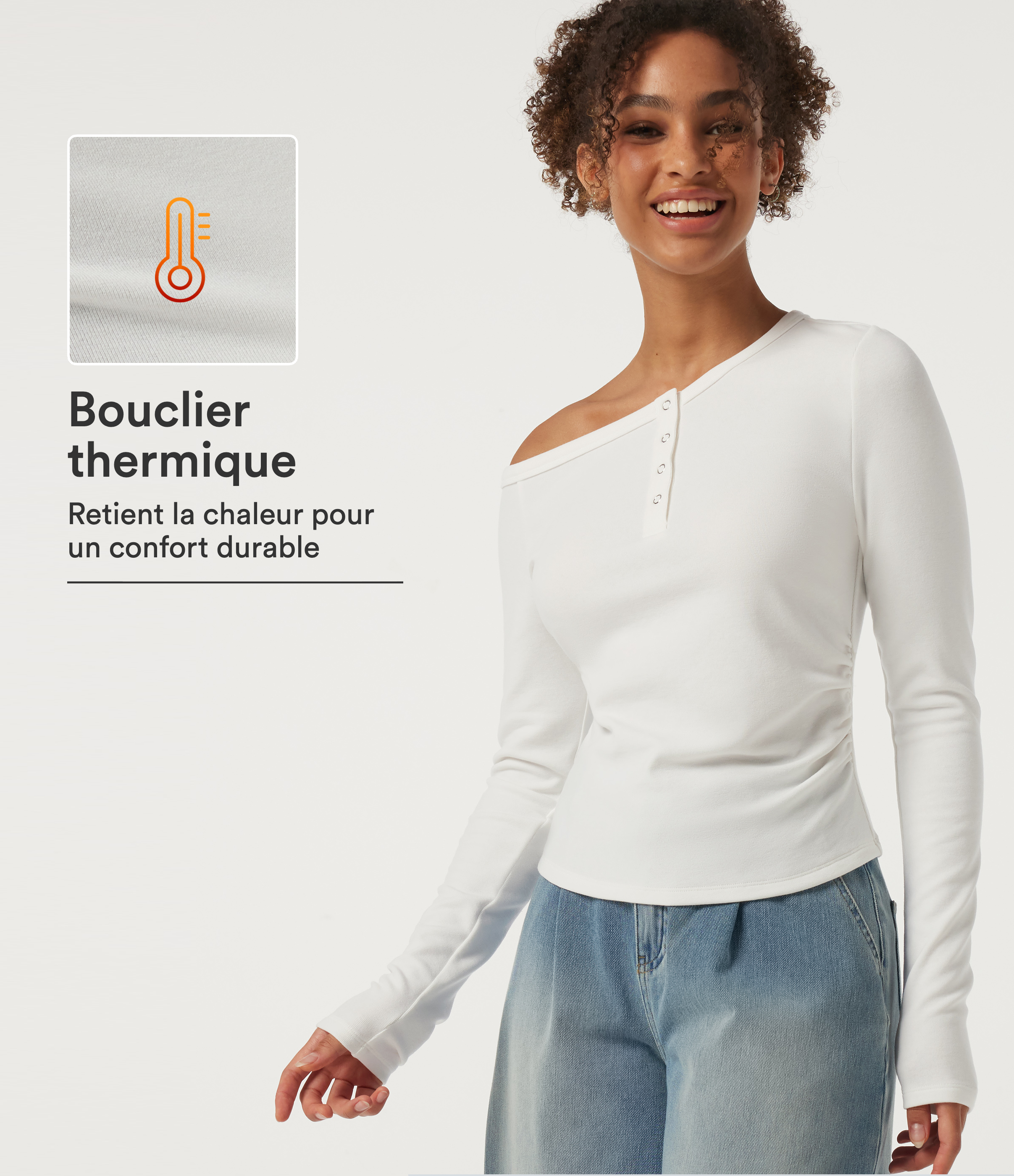 White Haut thermique asymétrique froncé à épaule dénudée et manches longues / 1