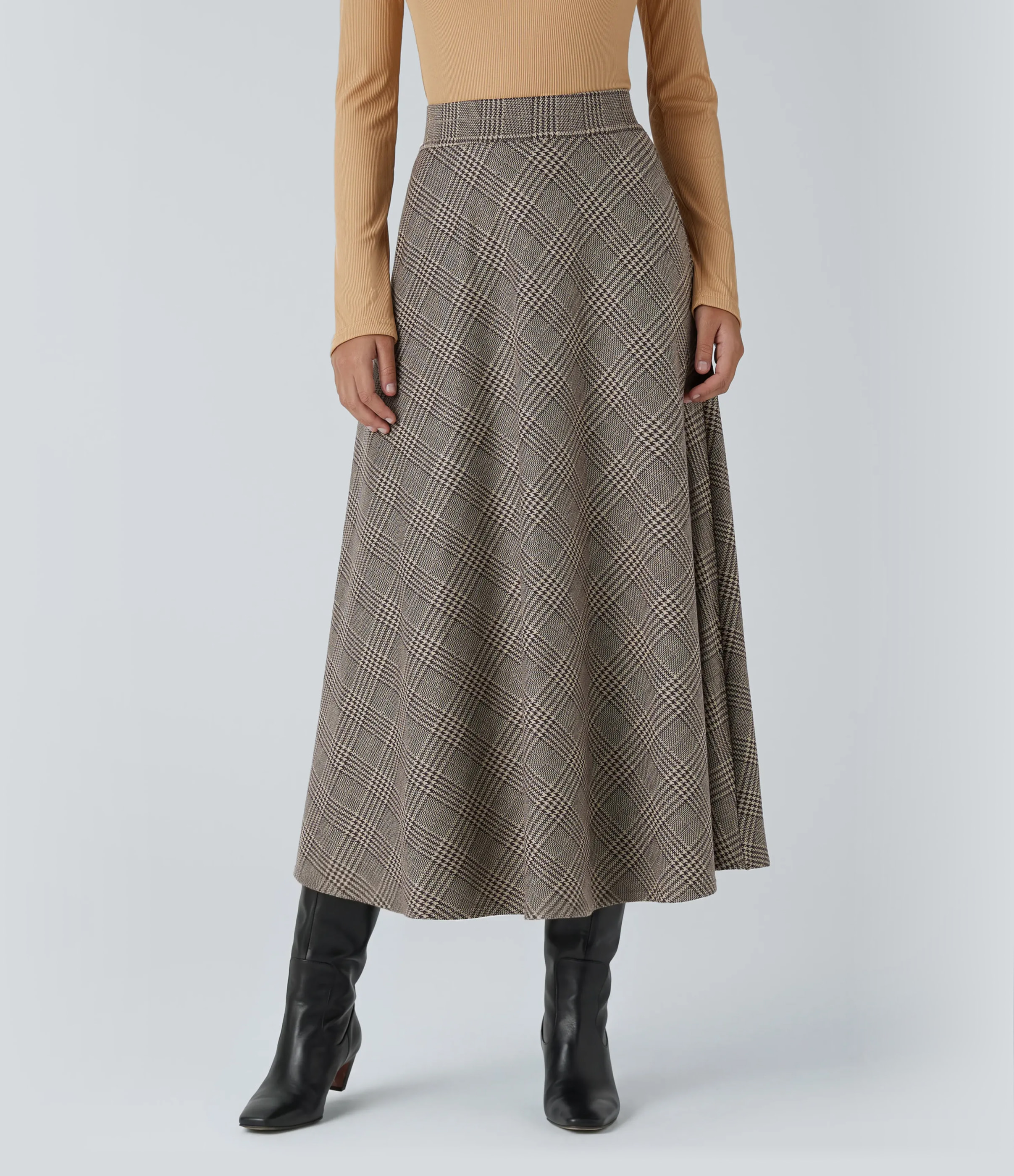High Waisted Pocket Houndstooth Plaid Flare Midi Casual Skirt
