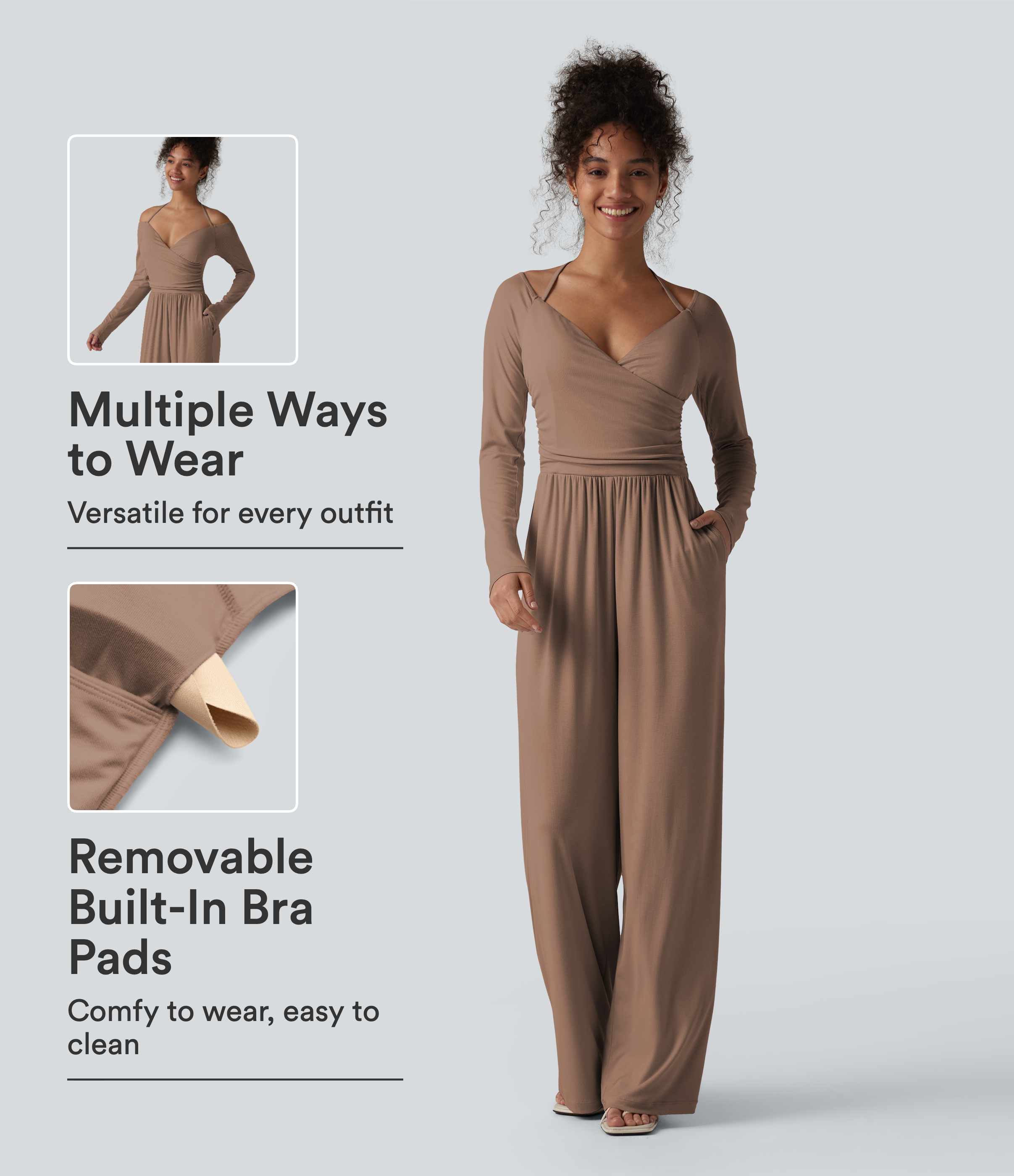 Ribbed Halter Tie Back Off Shoulder Built-in Bra Long Sleeve Casual Jumpsuit with Pockets