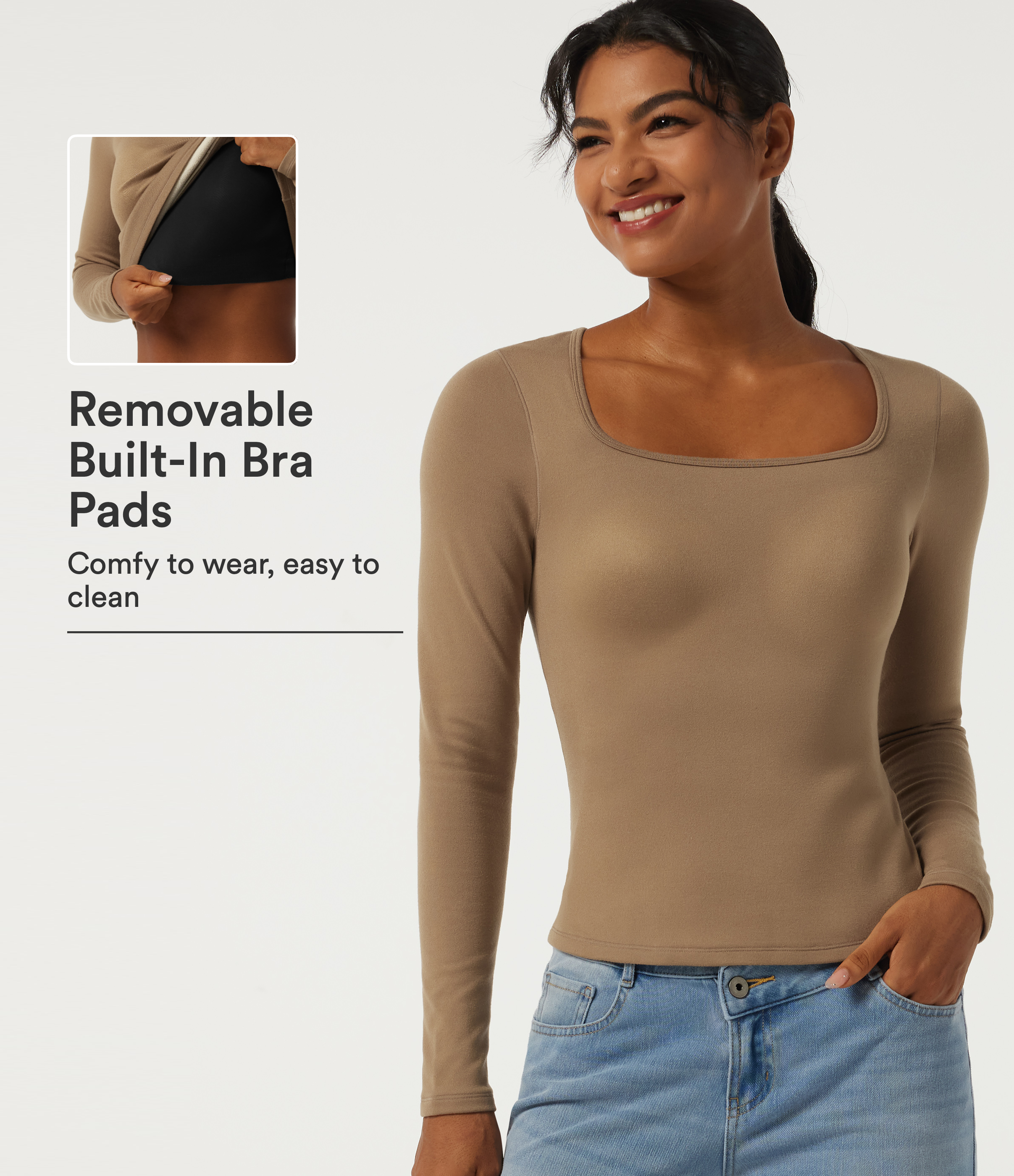 Square Neck Long Sleeve Casual Top with Built-in Bra for B-DD Cups