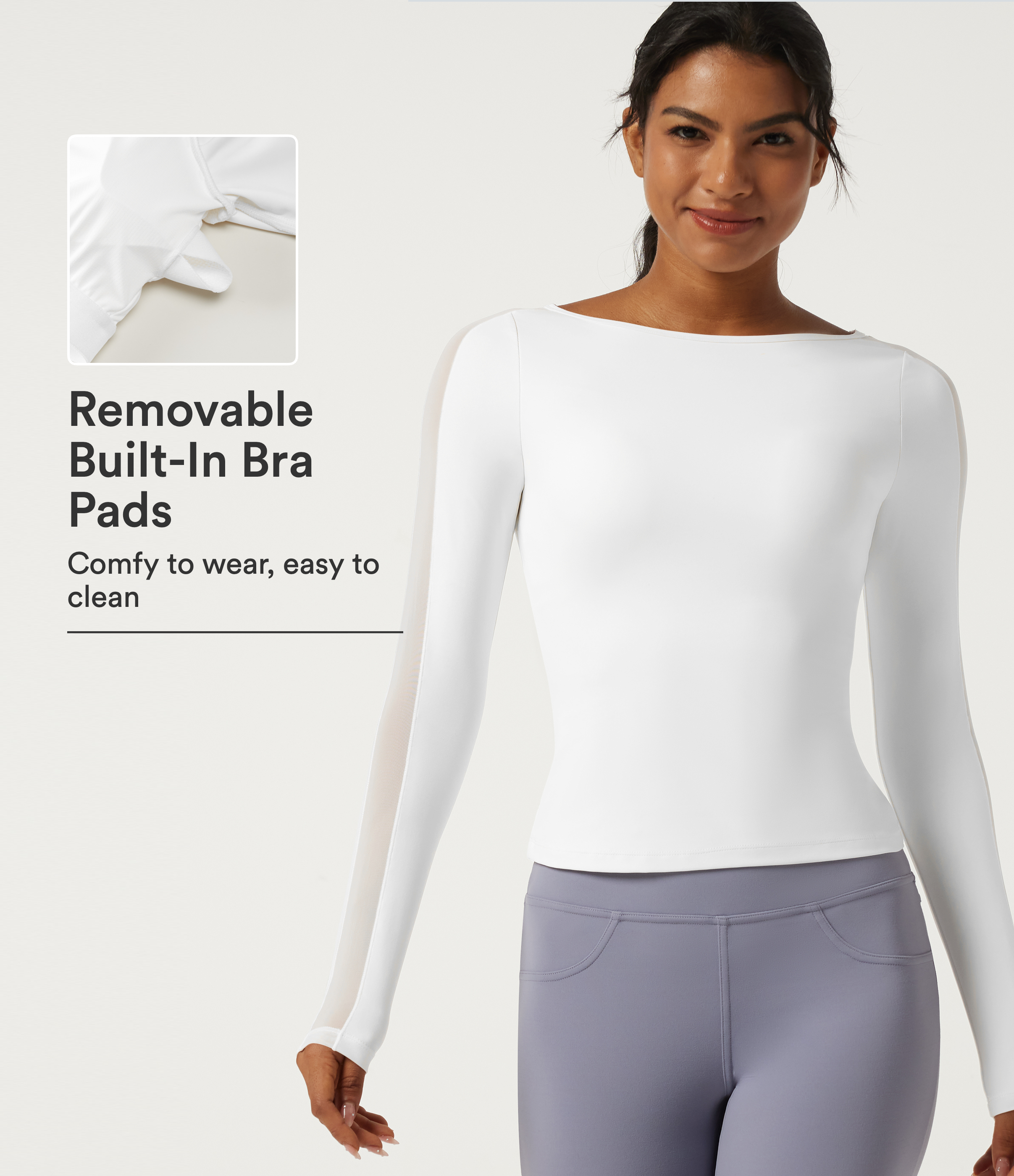Boat Neck Long Sleeve Yoga Sports Top with Built-in Bra