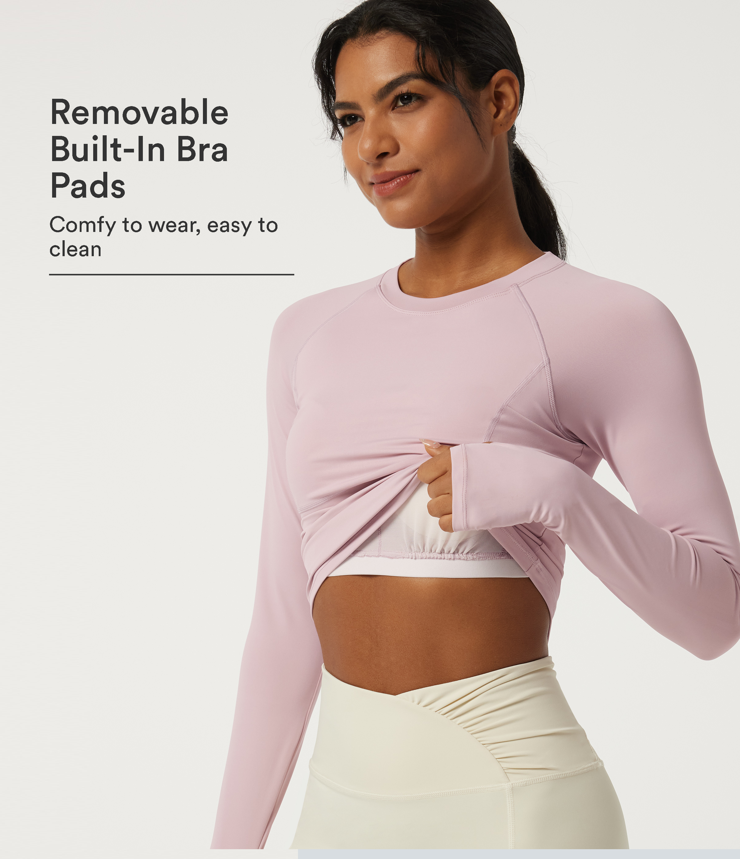 Round Neck Raglan Long Sleeve Yoga Sports Top with Built-in Bra and Thumbholes