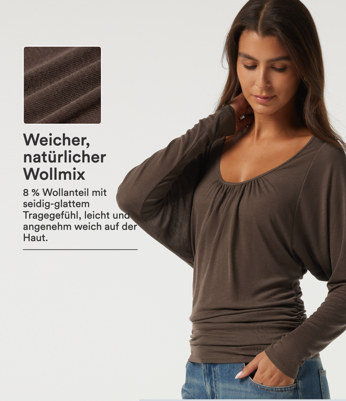 Lässiges, gerafftes Top mit Rundhalsausschnitt und langen Fledermausärmeln - slim fit