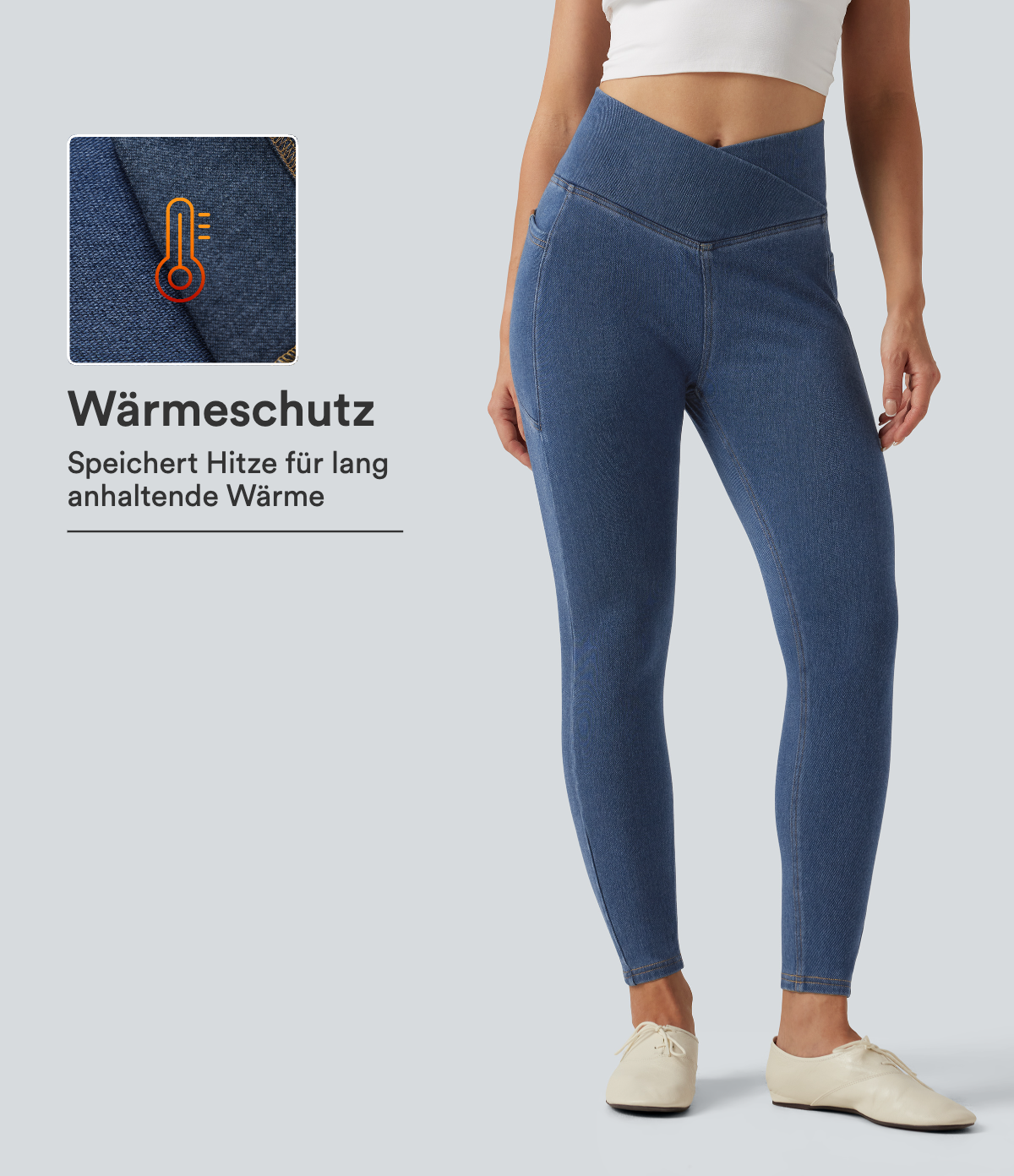 Halara Flex™ Denim Heat - Lässige Leggings mit hohem Crossover-Bund und Seitentaschen