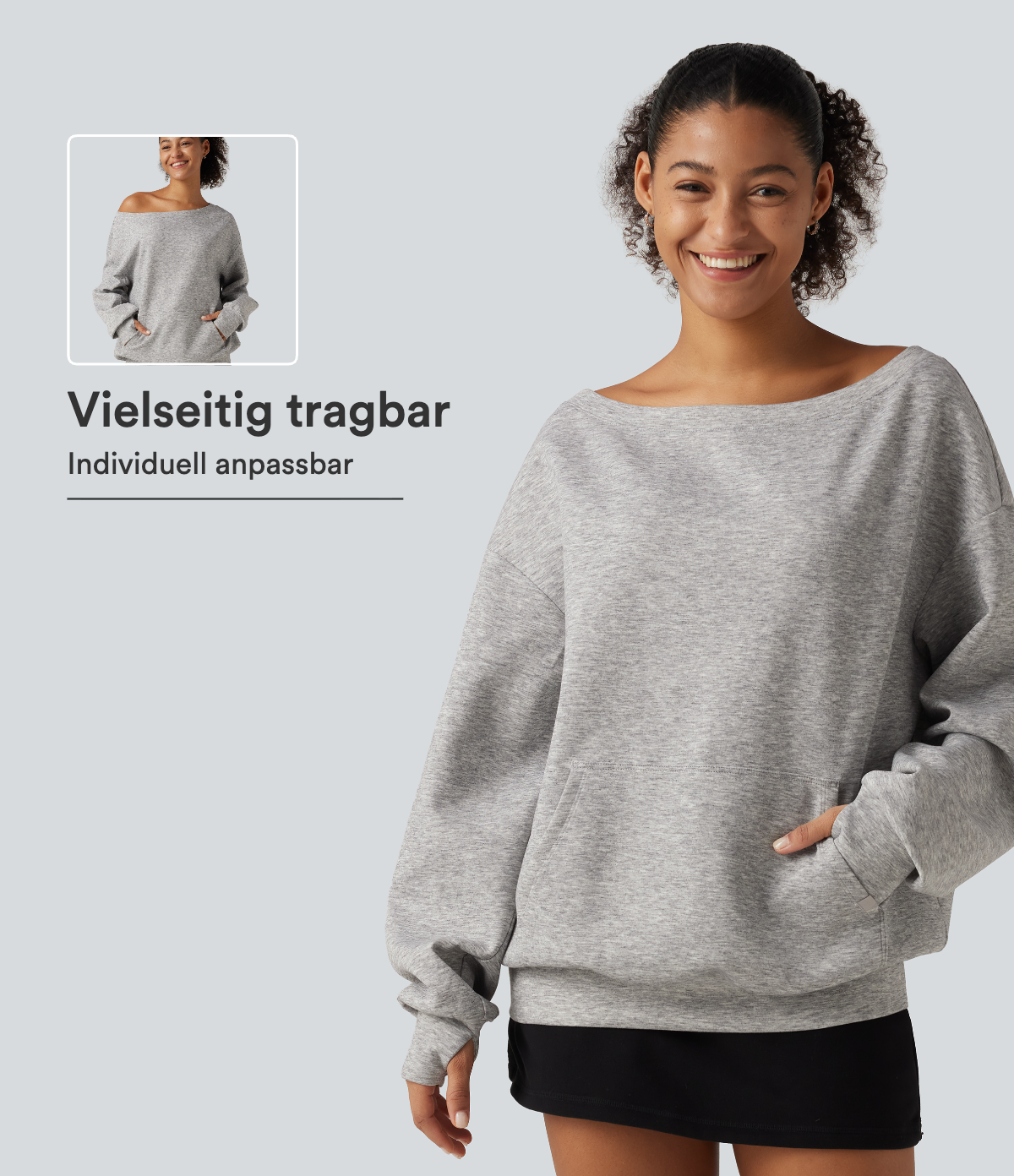 Lässiges Sweatshirt mit Kängurutasche, langen Ärmeln, Daumenlöchern und One-Shoulder-Design