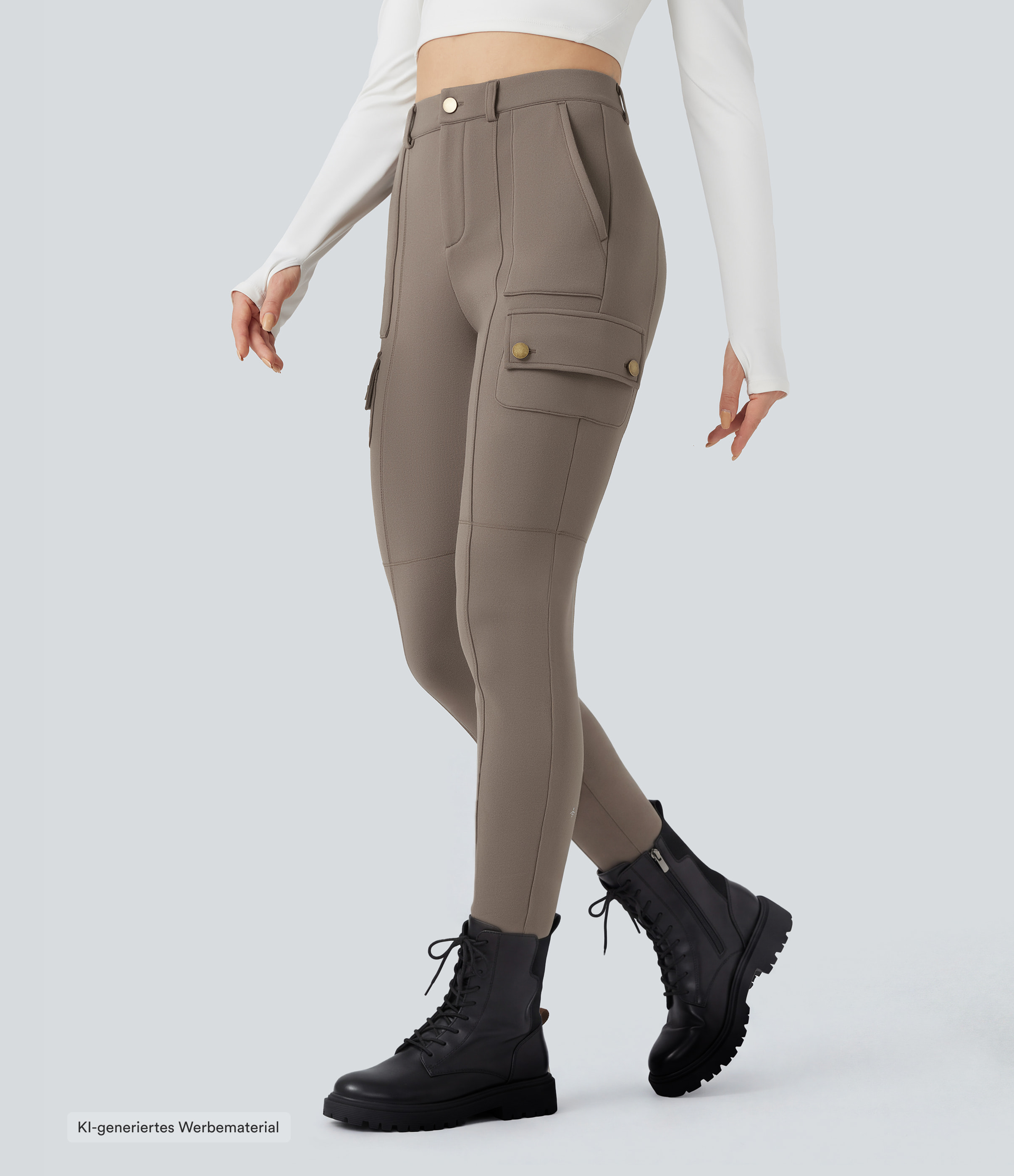 Enge Fleece-Cargo-Wanderhose mit hohem Bund und mehreren Taschen