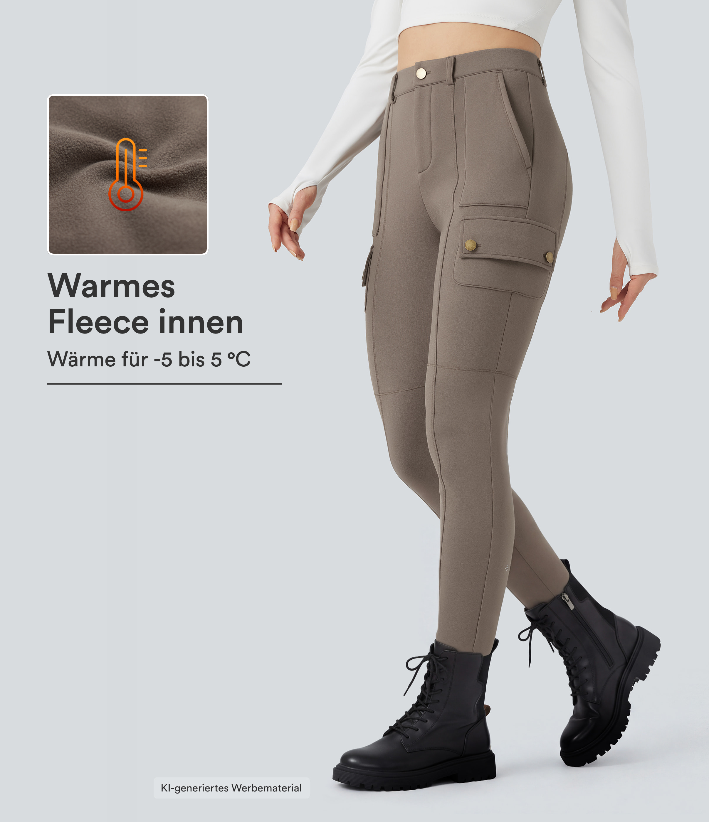 Enge Fleece-Cargo-Wanderhose mit hohem Bund und mehreren Taschen