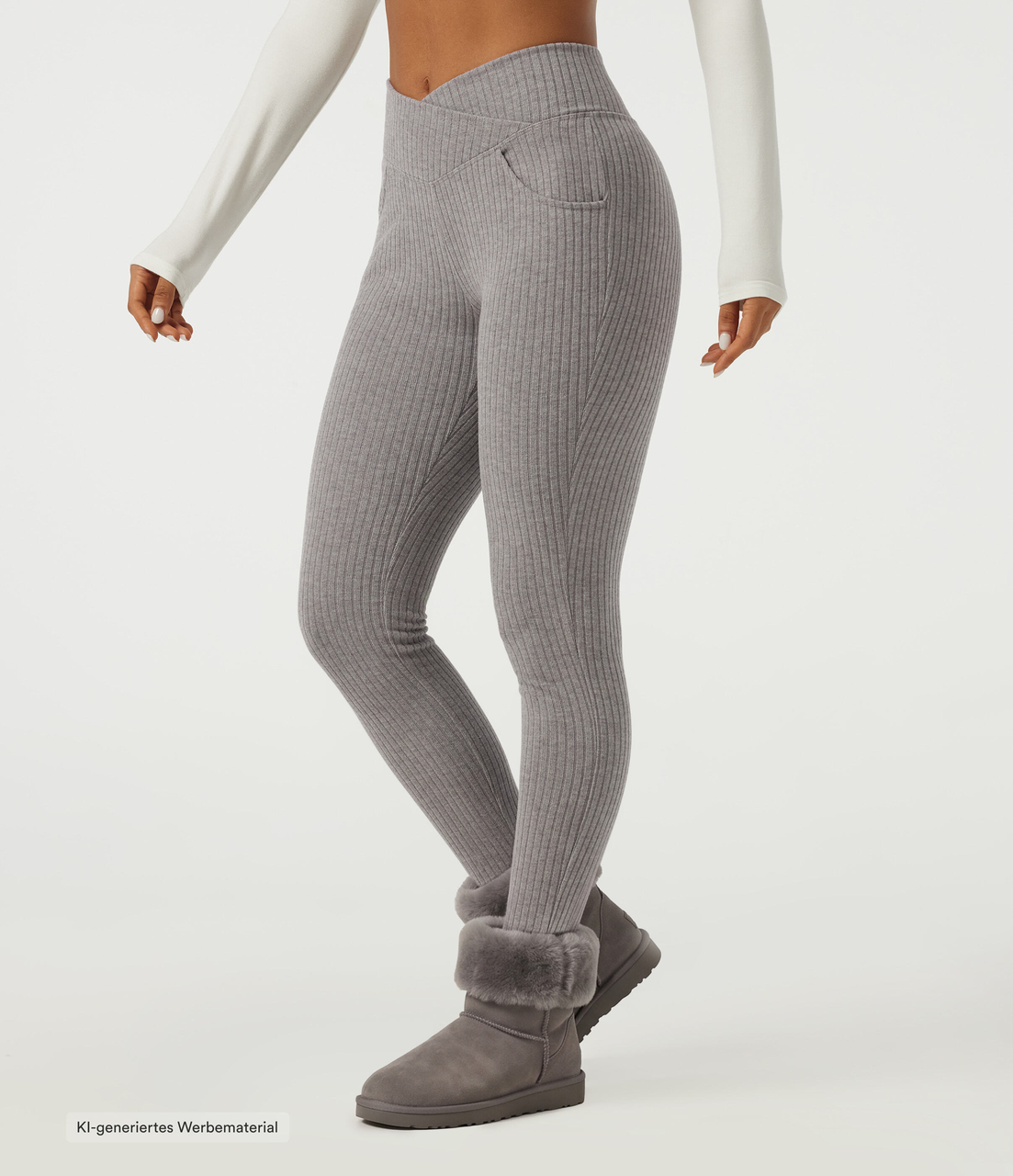 Ribbed Knit Crossover High Waisted Skinny Casual Leggings with Pockets
